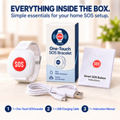 CLIQS SOS bracelet, charging cable and instruction manual in the box