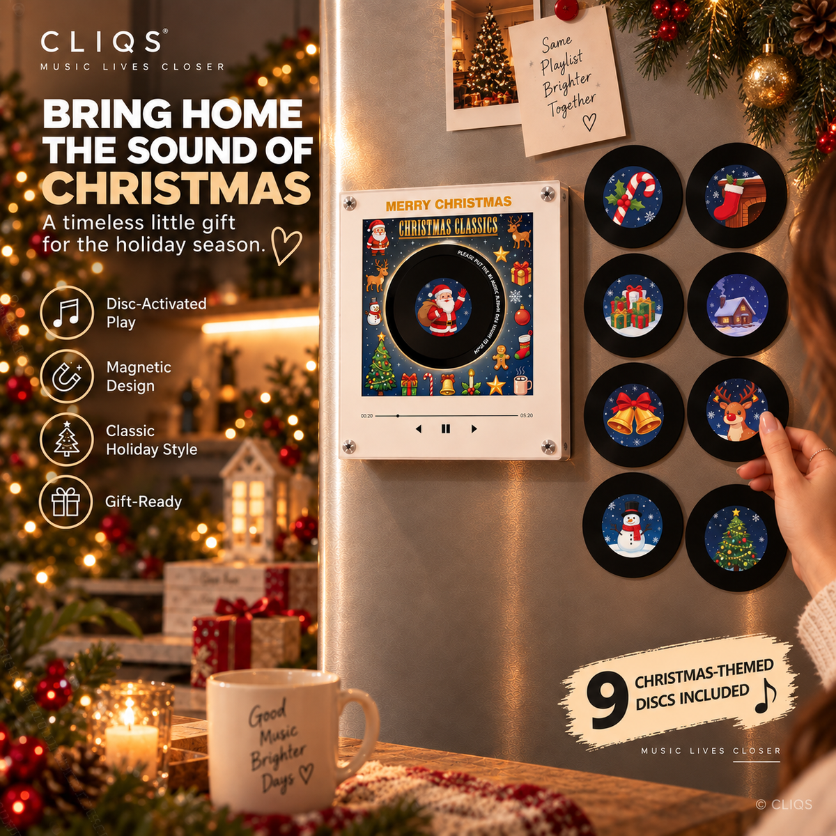 CLIQS Christmas Classics magnetic mini music player with nine traditional themed discs