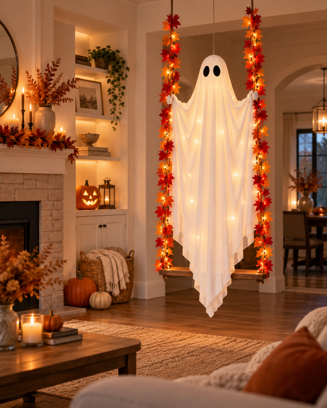 CLIQS light-up swinging ghost displayed in a warm Halloween living room